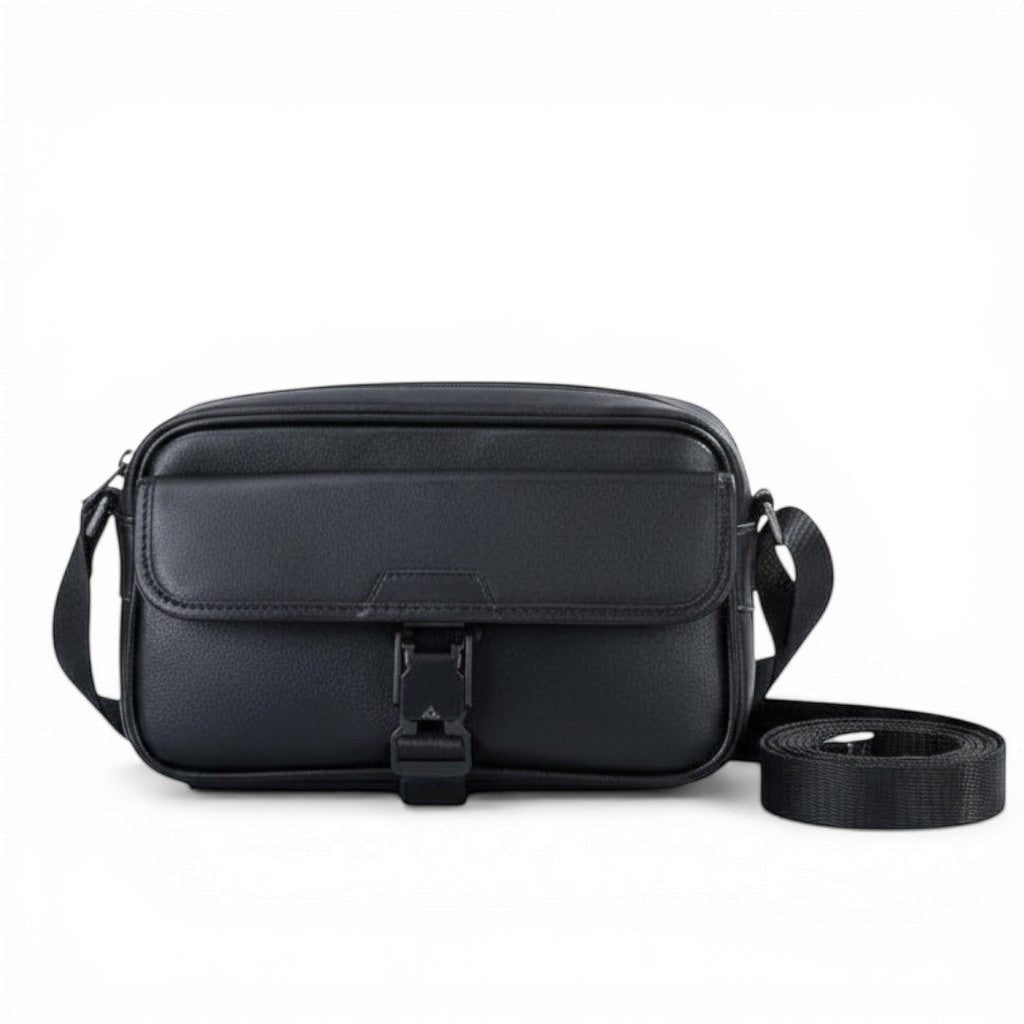 Barcon Getta Inc black full grain leather UrbanSide shoulder bag with buckle closure and multiple compartments.