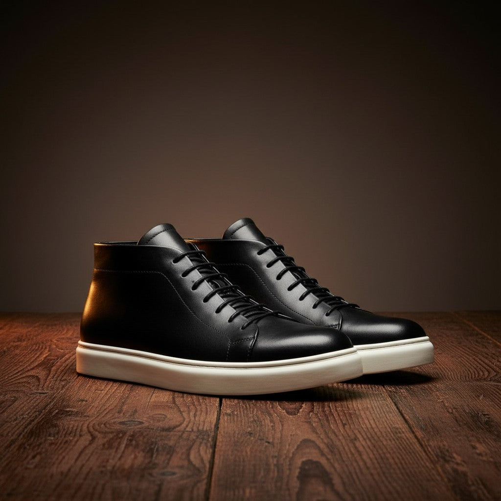 Barcon Getta Inc MEDA black leather high top sneakers with white rubber sole and lace-up closure.