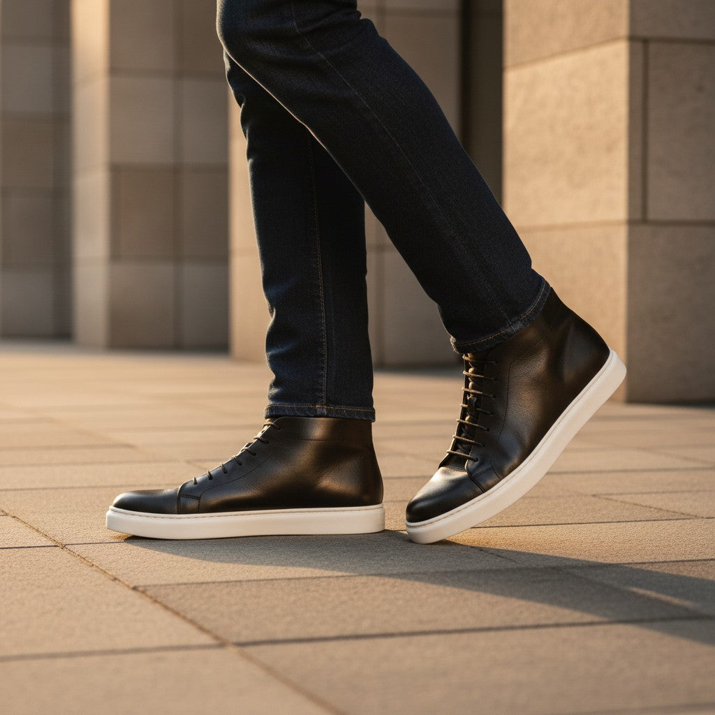 Barcon Getta Inc MEDA black leather high top sneakers with white rubber sole and lace-up closure.