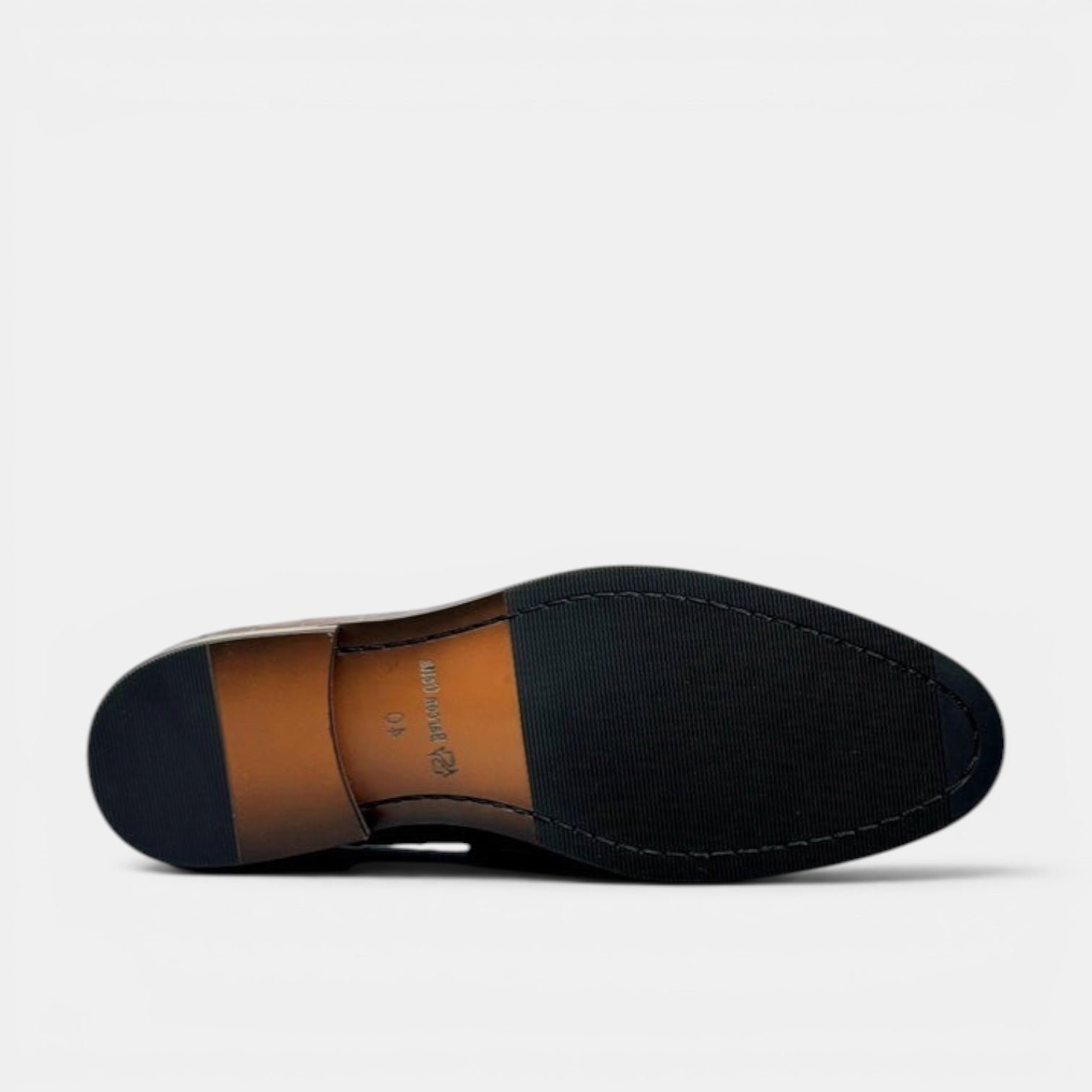 Barcon Getta Inc BRAZZAVILLE black leather embossed penny loafers, men's dress shoes with durable sole.