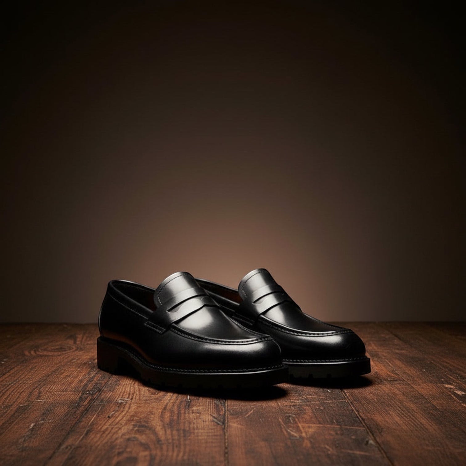 Barcon Getta Inc NIAMEY black leather penny loafers with lug sole. Classic design with a modern silhouette.