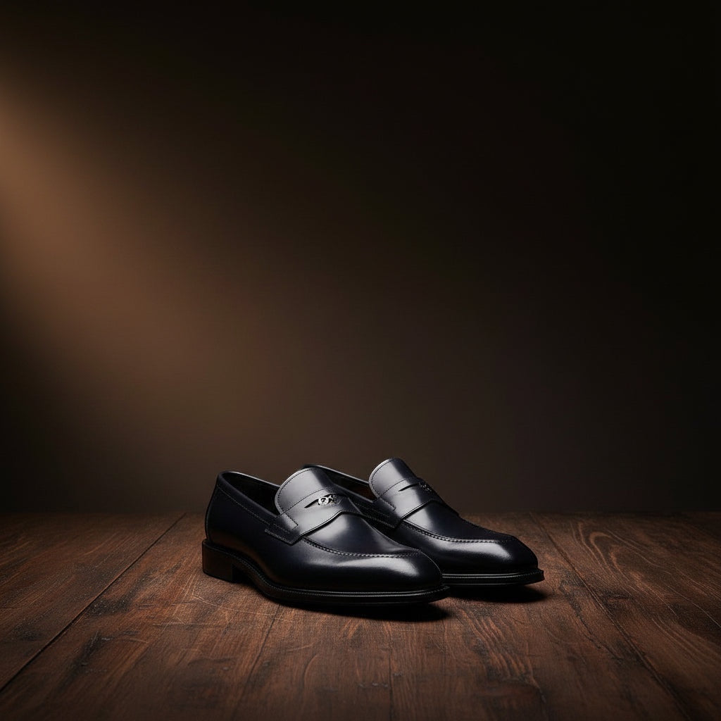 Barcon Getta Inc NEGUS black leather penny loafers with metal accent detail, polished finish, and durable sole.