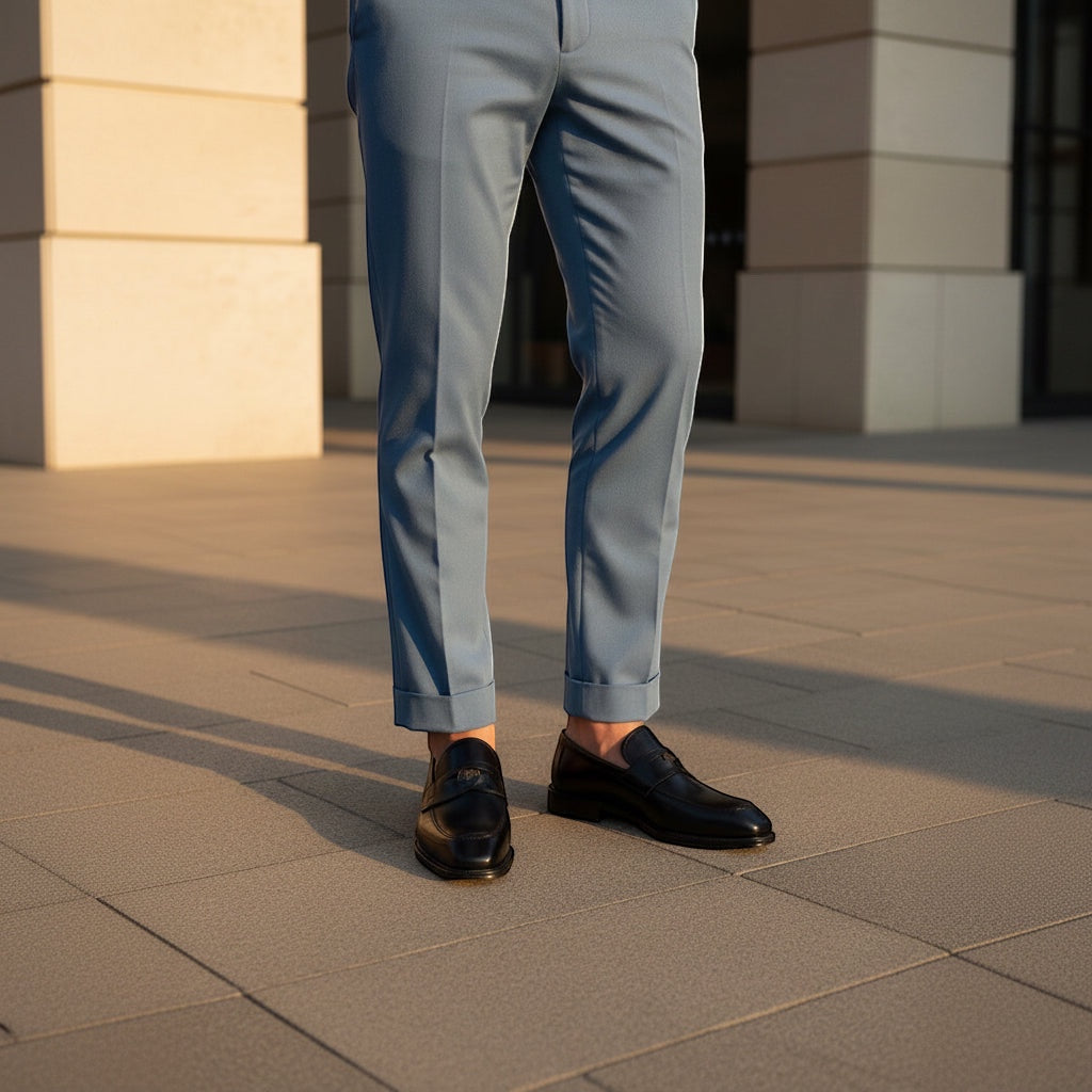 Barcon Getta Inc black leather penny loafers with metal accent, worn with light blue trousers.