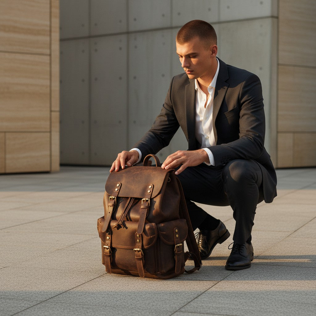 Barcon Getta Inc brown crazy horse leather backpack with buckle closures and drawstring top. Features breathable straps and multiple pockets.