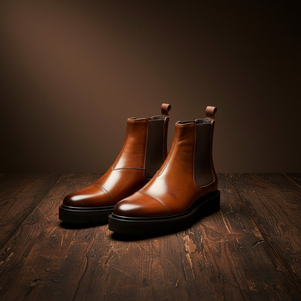 Barcon Getta Inc brown leather Chelsea boots with elastic side panels and lug sole.