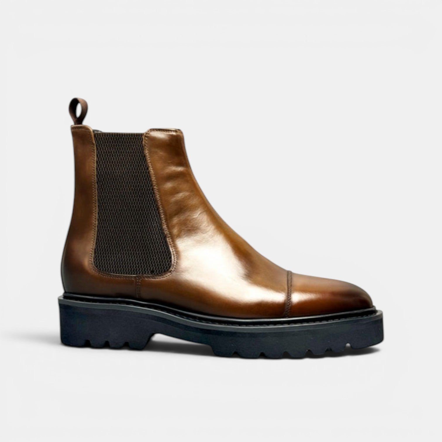 Barcon Getta Inc brown leather Chelsea boots with elastic side panels and lug sole.