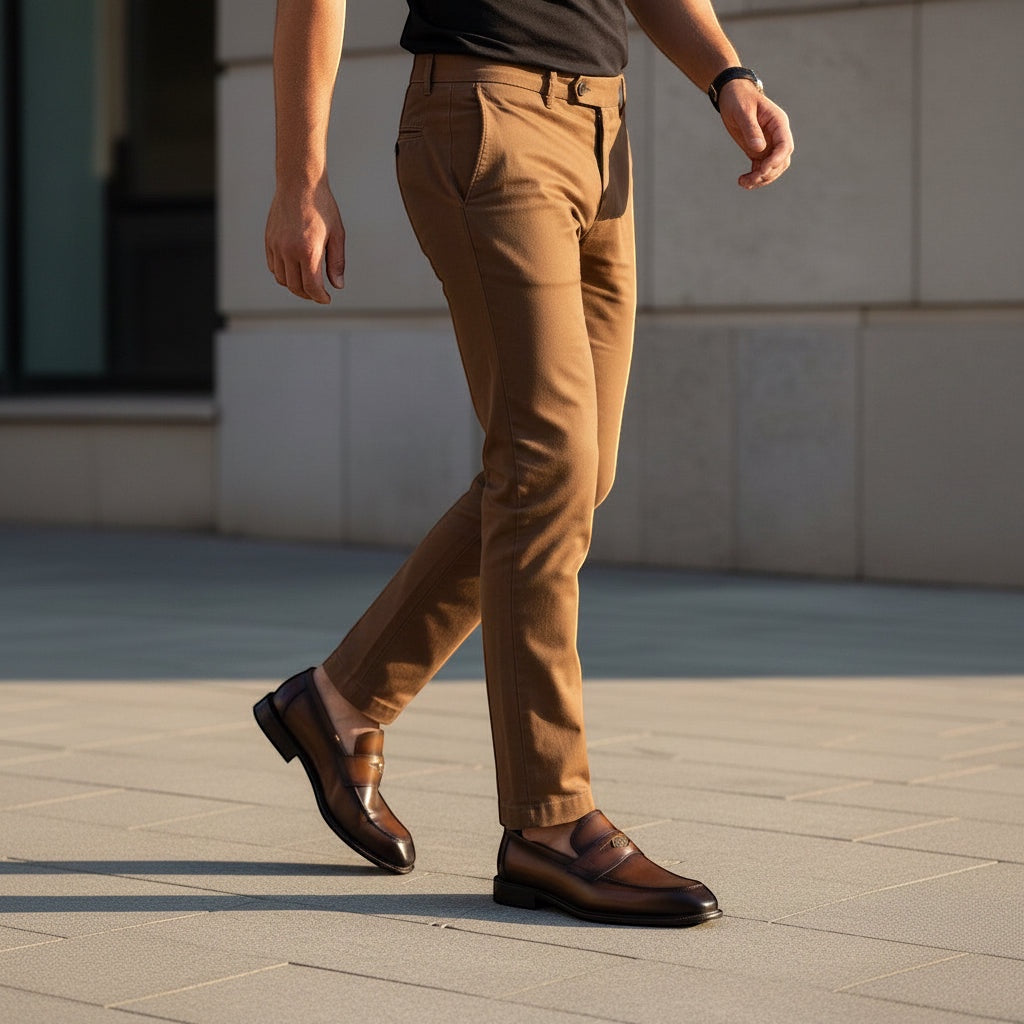 Barcon Getta Inc NEGUS brown leather penny loafers with metal accent, worn by a man walking outdoors.