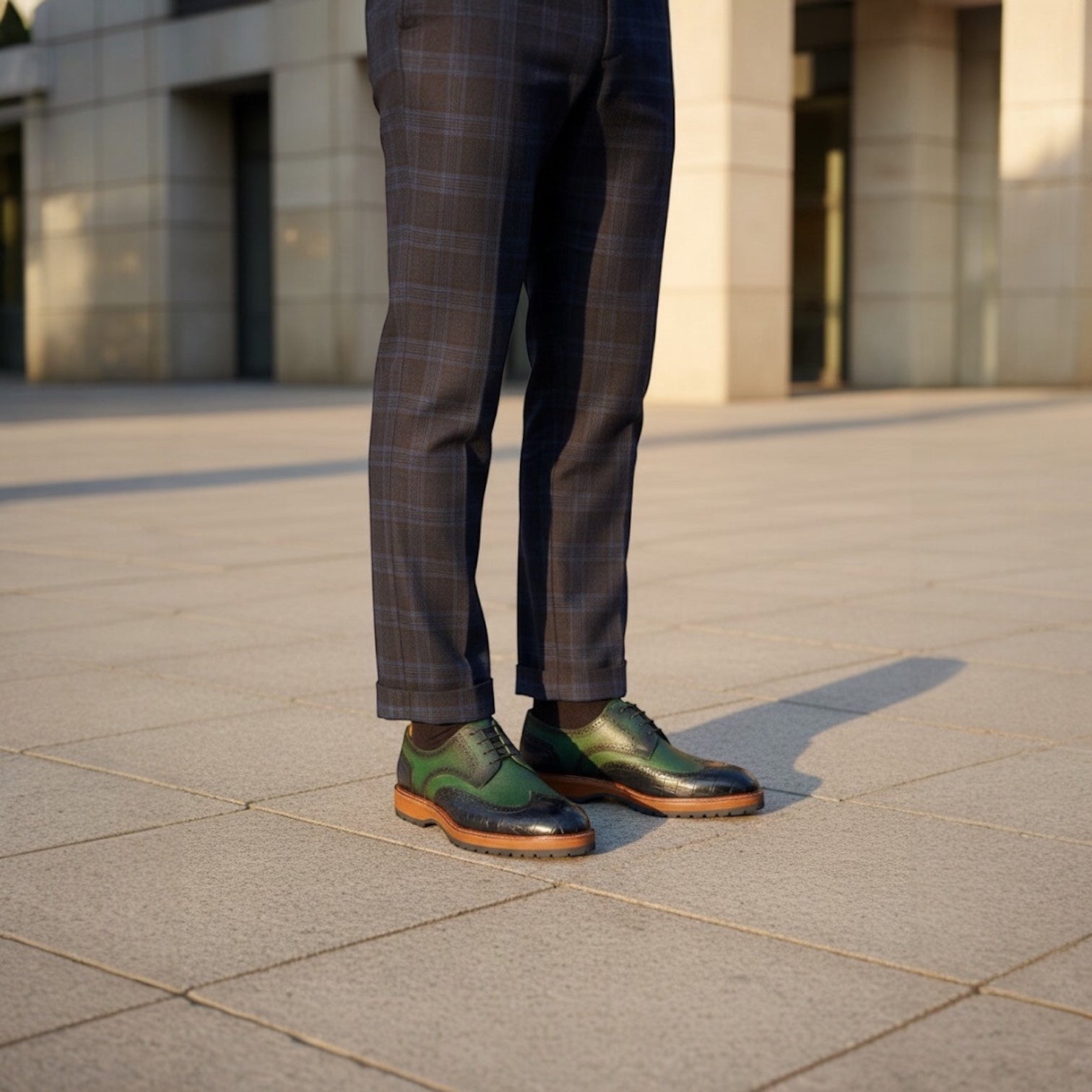 Barcon Getta Inc PORT-LOUIS wingtip brogue dress shoes in green and black leather with croc-embossed toe and heel.