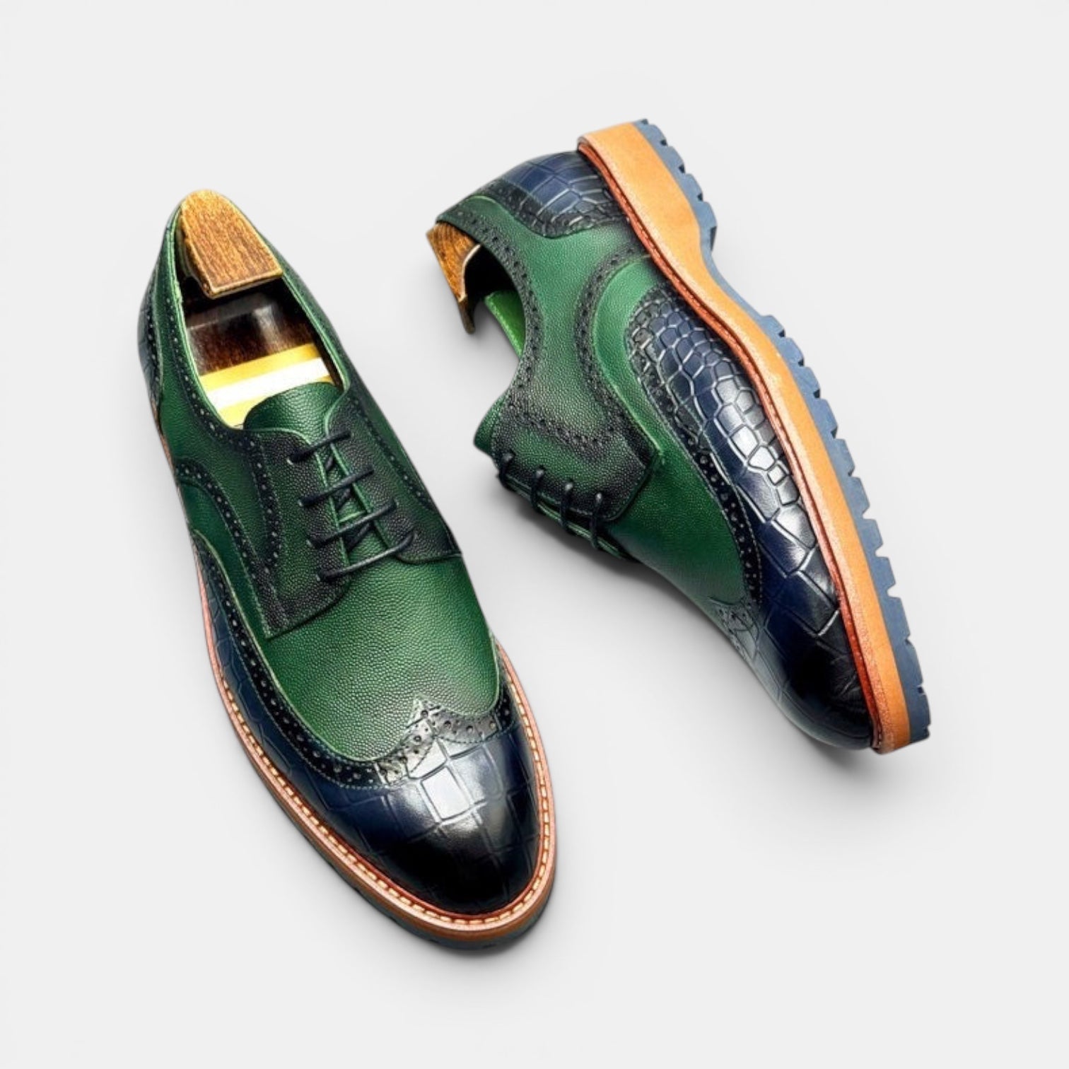 Barcon Getta Inc PORT-LOUIS wingtip brogue dress shoes in green and navy leather with croc-embossed toe cap and heel.