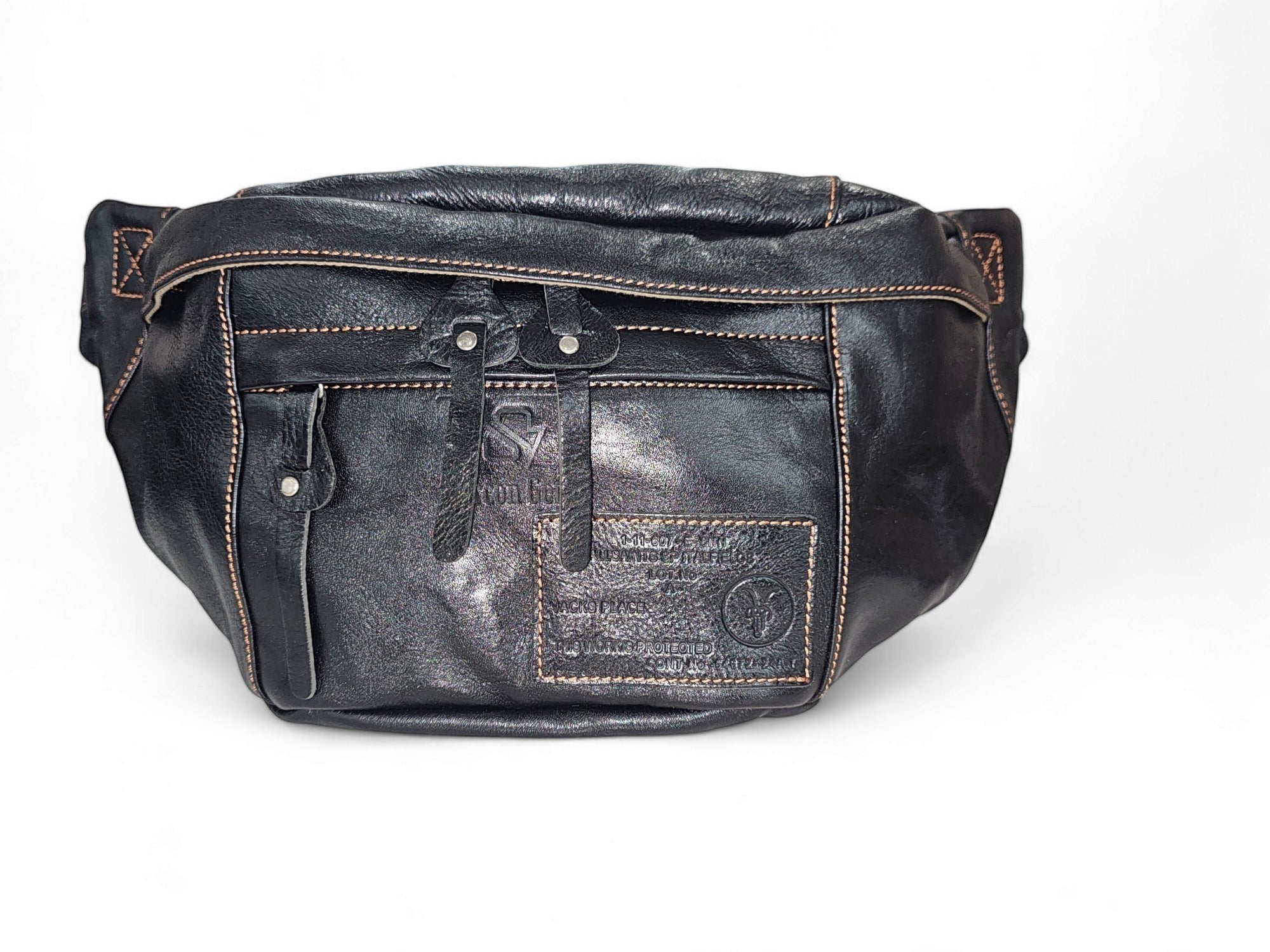 Barcon Getta Inc AXUMAWIT black full grain leather fanny bag with multiple pockets and contrast stitching.