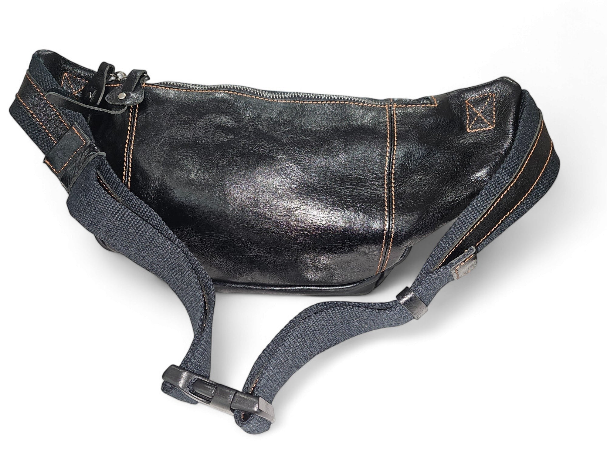 Barcon Getta Inc AXUMAWIT black full grain leather fanny bag with multiple pockets and adjustable strap.
