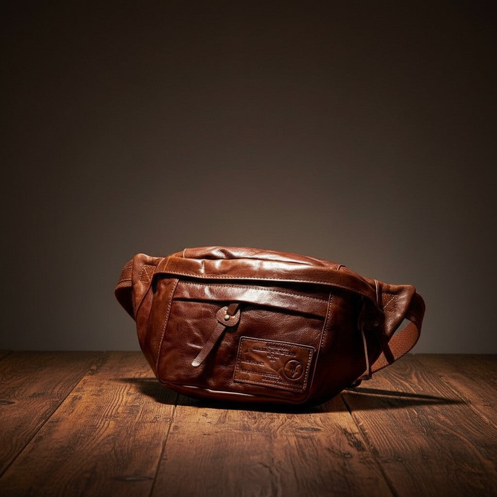 Barcon Getta Inc AXUMAWIT fanny bag in rich brown full grain Ethiopian leather with multiple zipper pockets and adjustable strap.