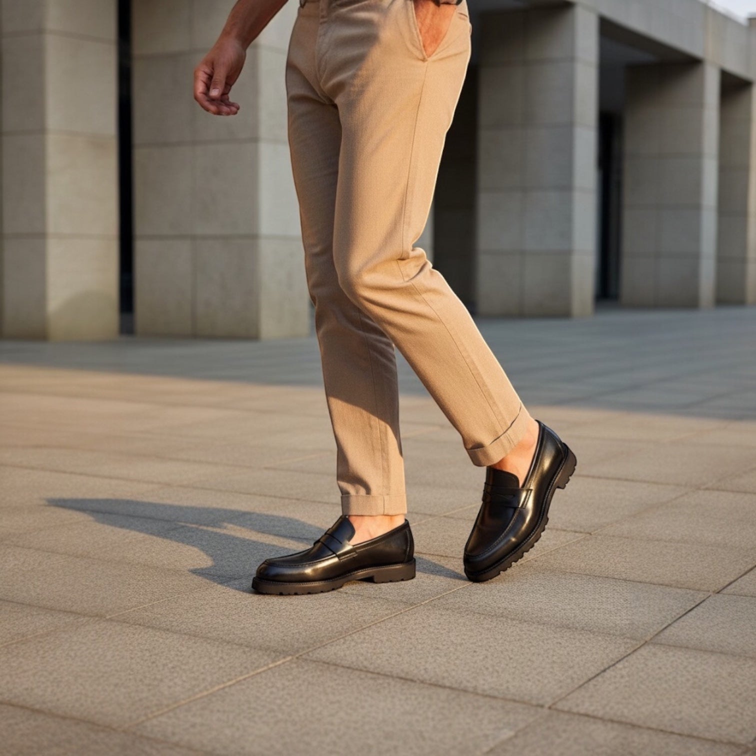 Barcon Getta Inc NIAMEY black leather penny loafers with lug sole, worn by a man in tan trousers.