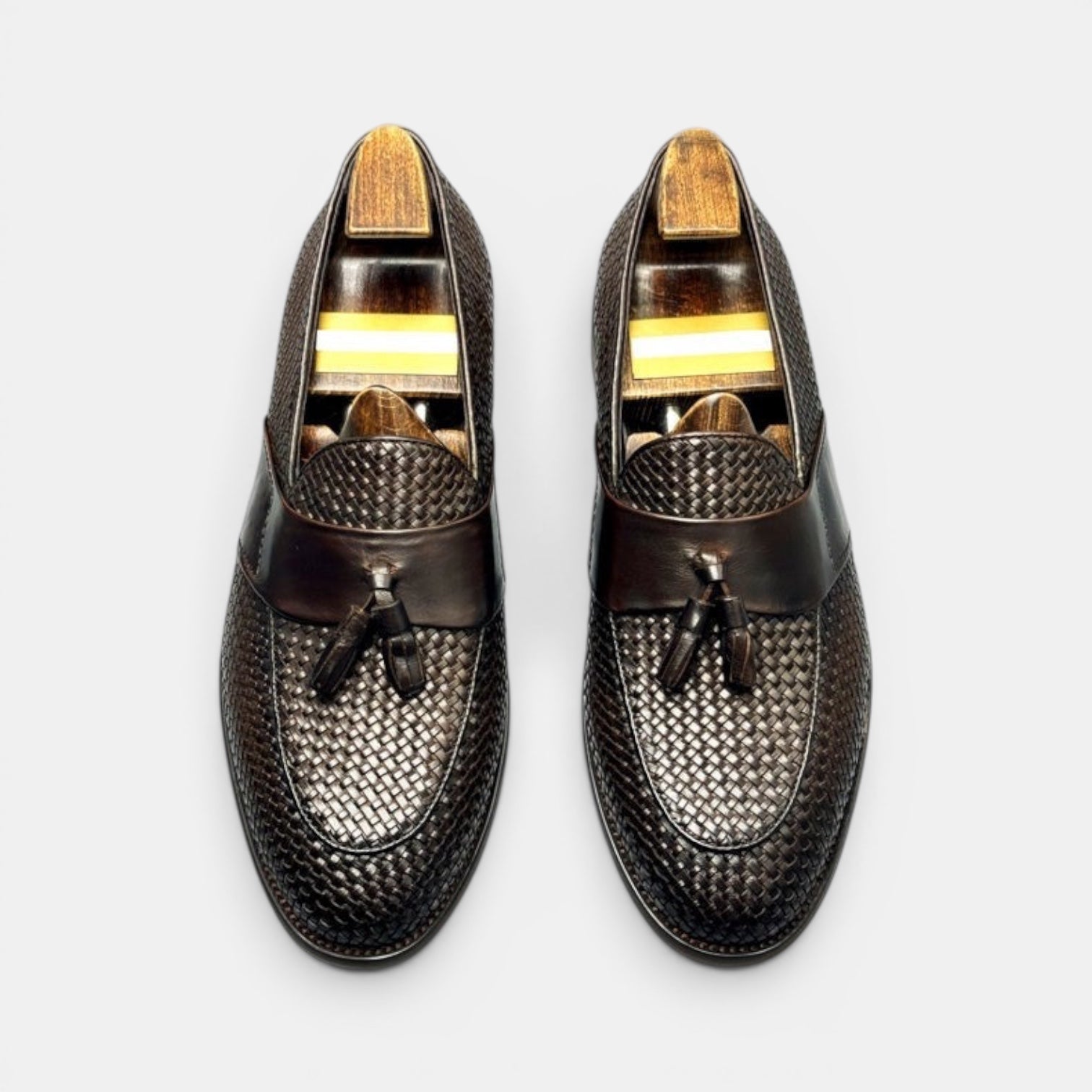 Barcon Getta Inc LIBREVILLE woven leather tassel loafers in dark brown with shoe trees.