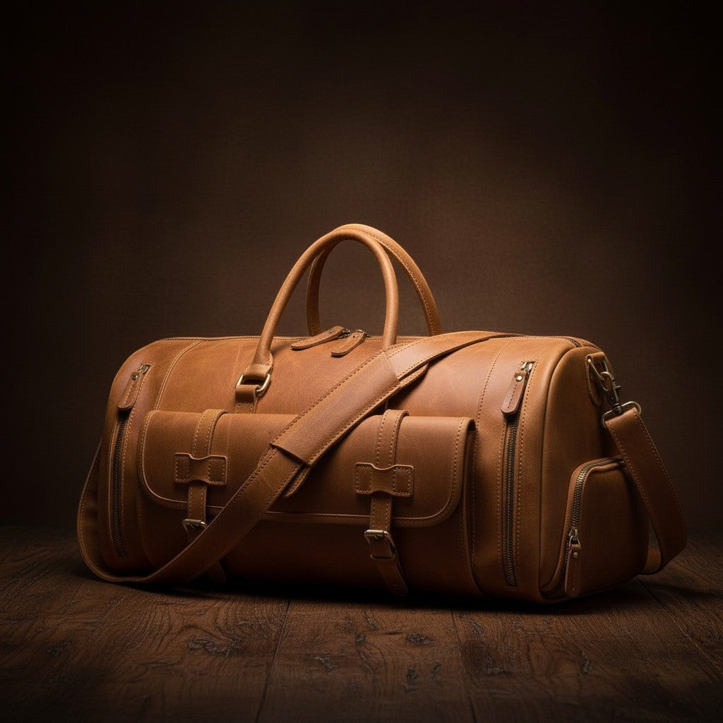 Barcon Getta Explorer Large Duffel travel Bag –  Coffee Brown – East African Full Grain Leather Studio Shot