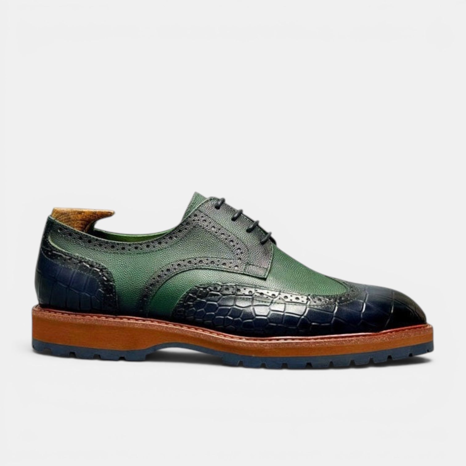 Barcon Getta Inc PORT-LOUIS wingtip brogue dress shoes in green leather with navy croc-embossed toe and heel.