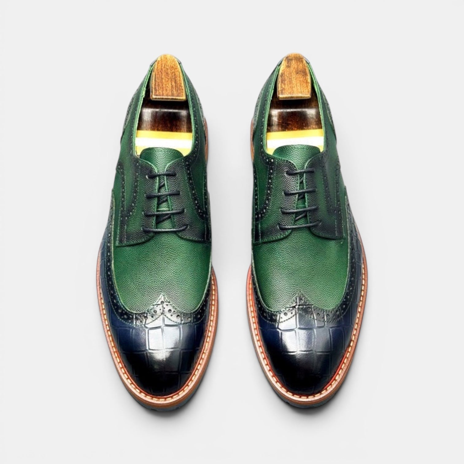 Barcon Getta Inc PORT-LOUIS wingtip brogue dress shoes in green leather with navy croc-embossed toe and heel.
