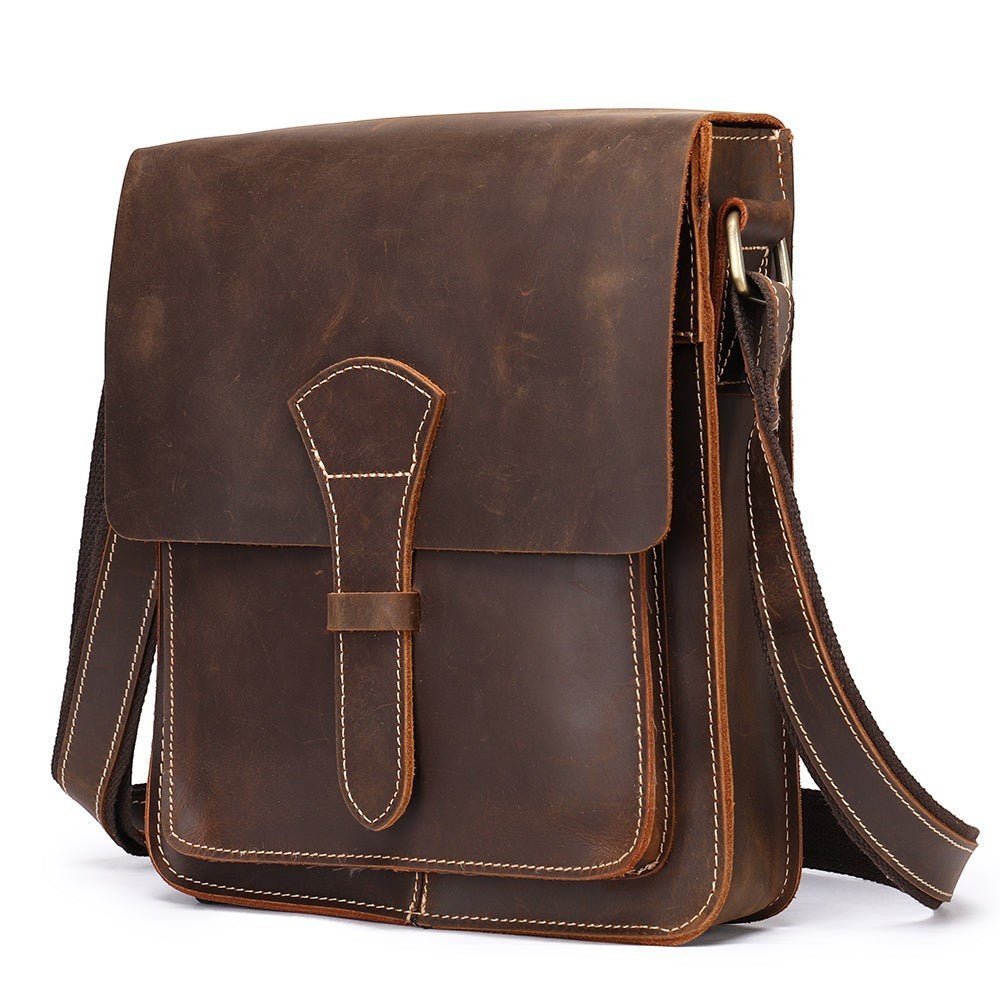 Barcon Getta Inc HARBORSIDE dark brown full grain leather shoulder bag with flap closure and adjustable strap.