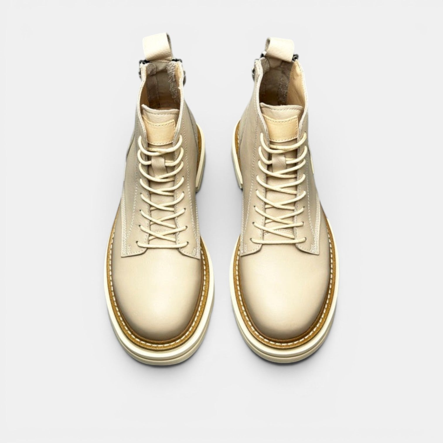 Barcon Getta Inc KILIMANJARO beige leather lace-up boots with chunky sole and side zip.