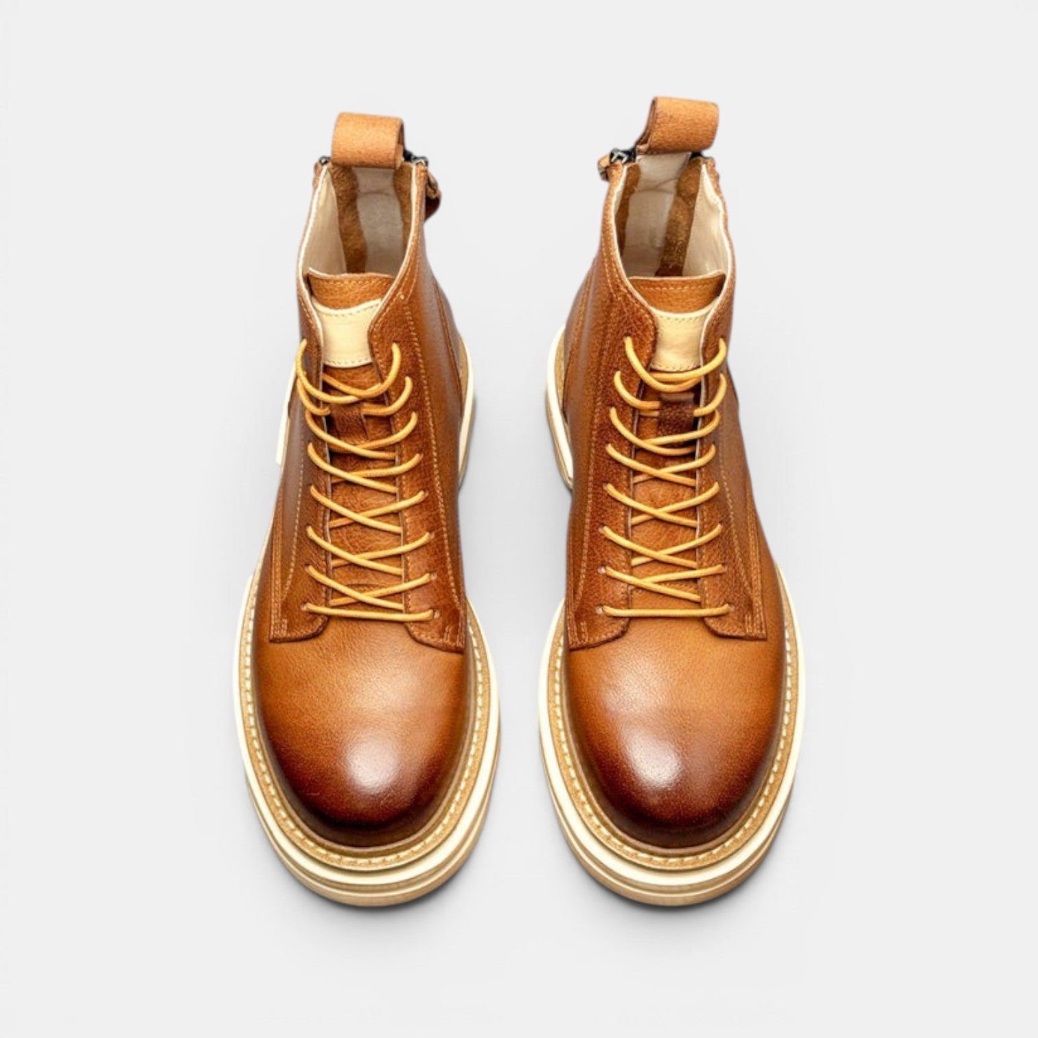 Barcon Getta Inc KILIMANJARO brown leather lace-up boots with chunky sole and side zip.