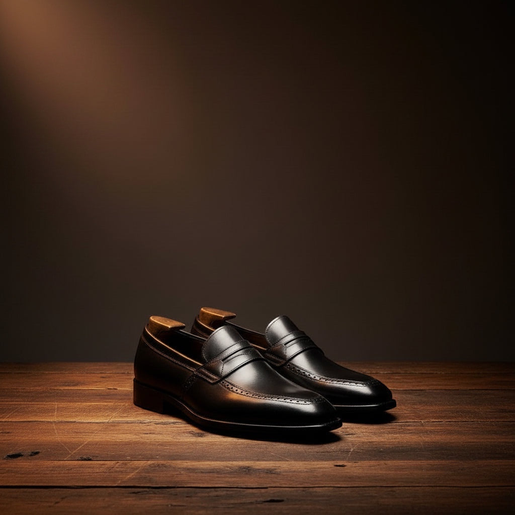 Barcon Getta Inc KINSHASA black leather penny loafers with brogue detailing and a polished finish.