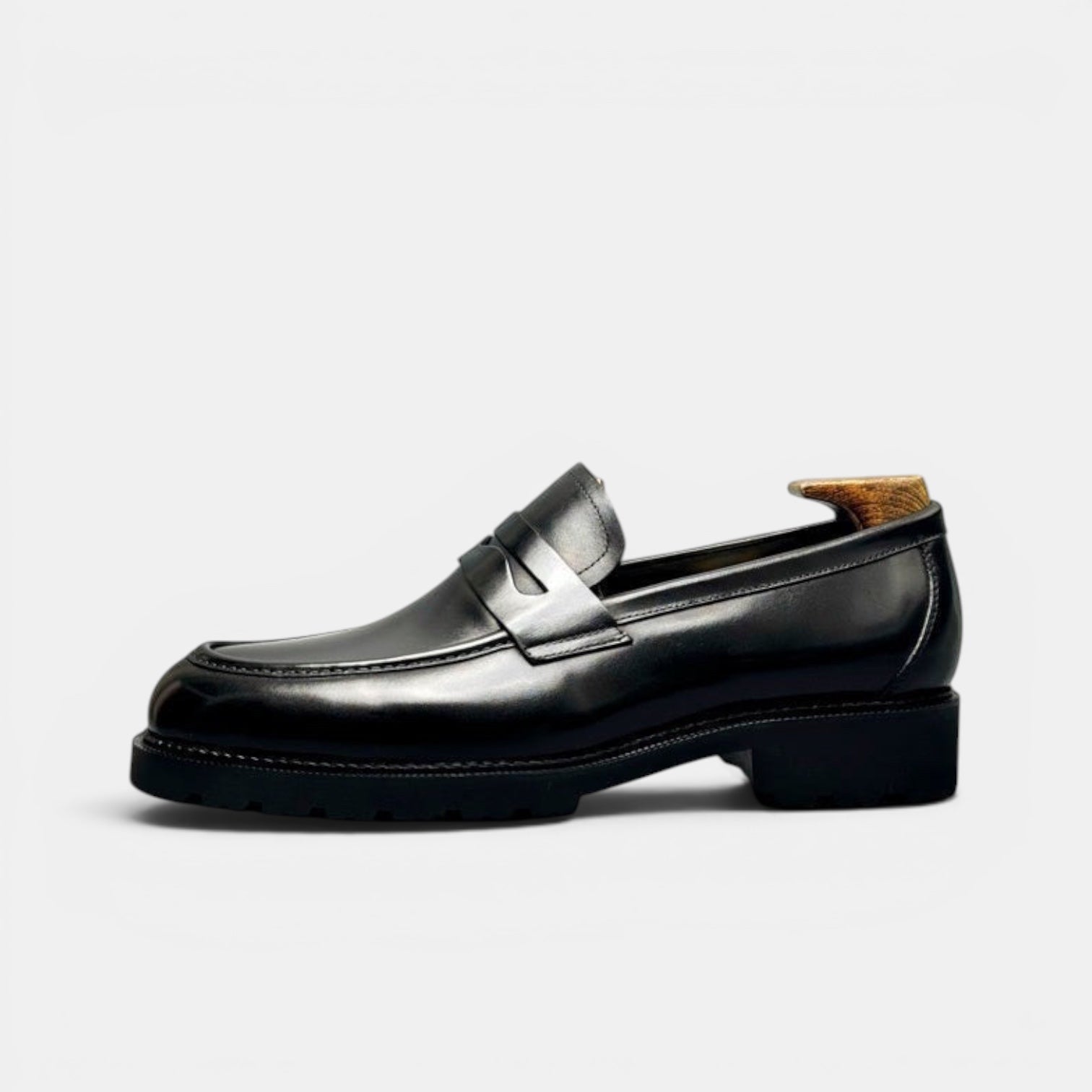 Barcon Getta Inc NIAMEY black polished leather penny loafers with lug sole