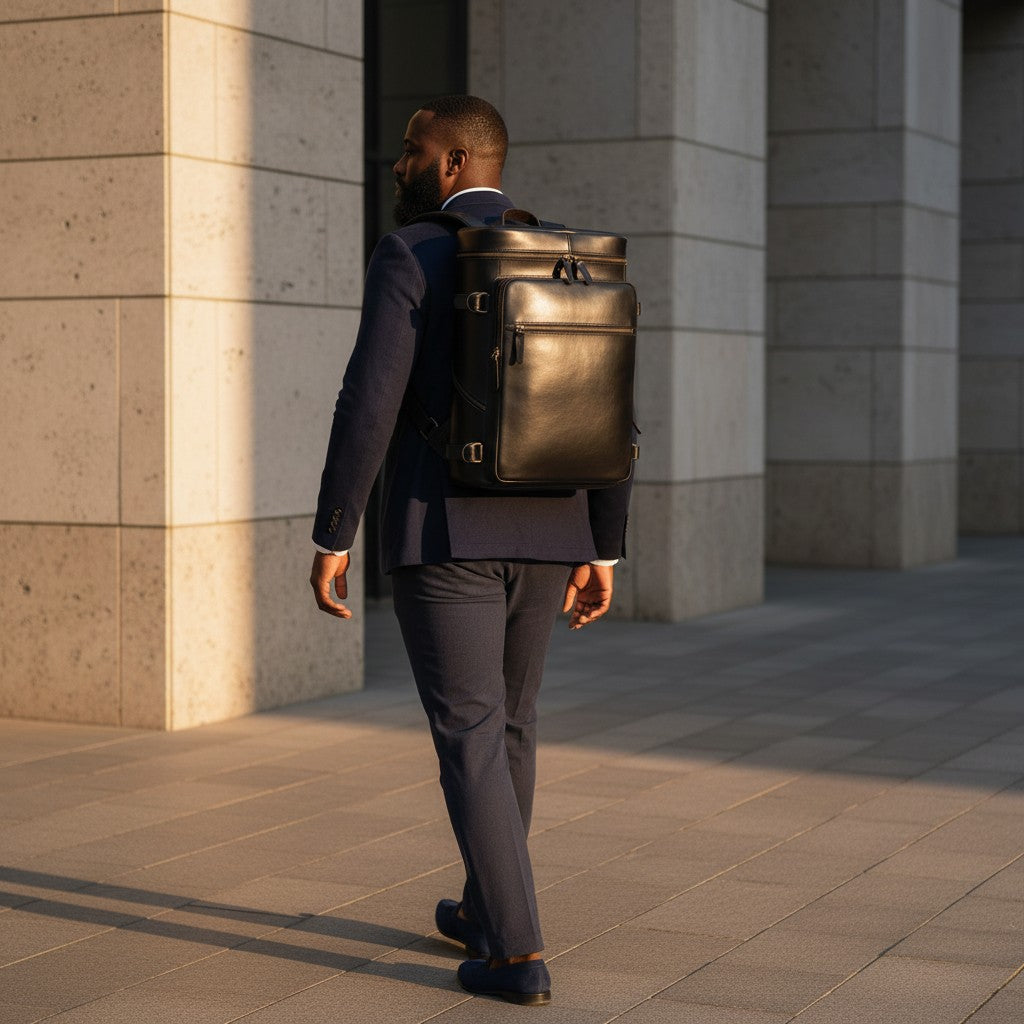 Barcon Getta Inc PATHWAY black genuine leather cylindrical backpack with multiple zippered pockets and adjustable padded straps.