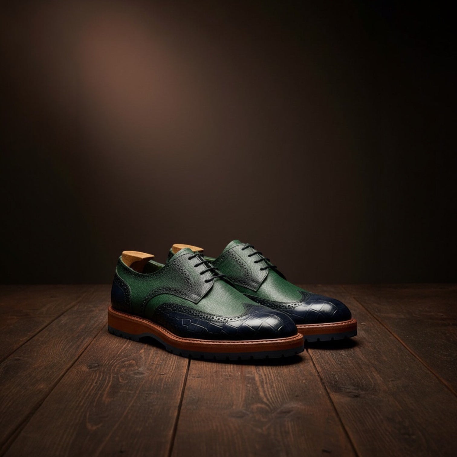Barcon Getta Inc PORT-LOUIS wingtip brogue dress shoes in green and navy leather with croc-embossed toe cap and heel.