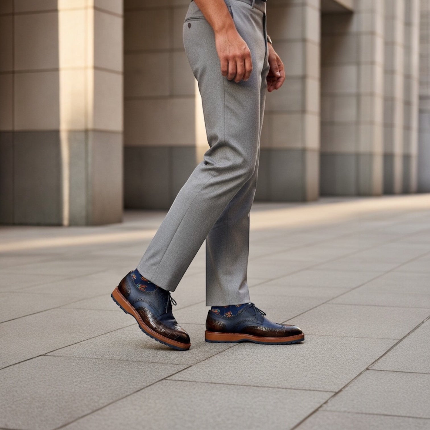 Barcon Getta Inc PORT-LOUIS wingtip brogue dress shoes in navy leather with croc-embossed brown toe and heel.