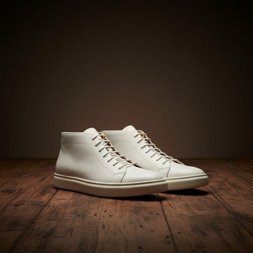 Barcon Getta Inc MEDA white leather high top sneakers with lace-up closure and rubber sole.