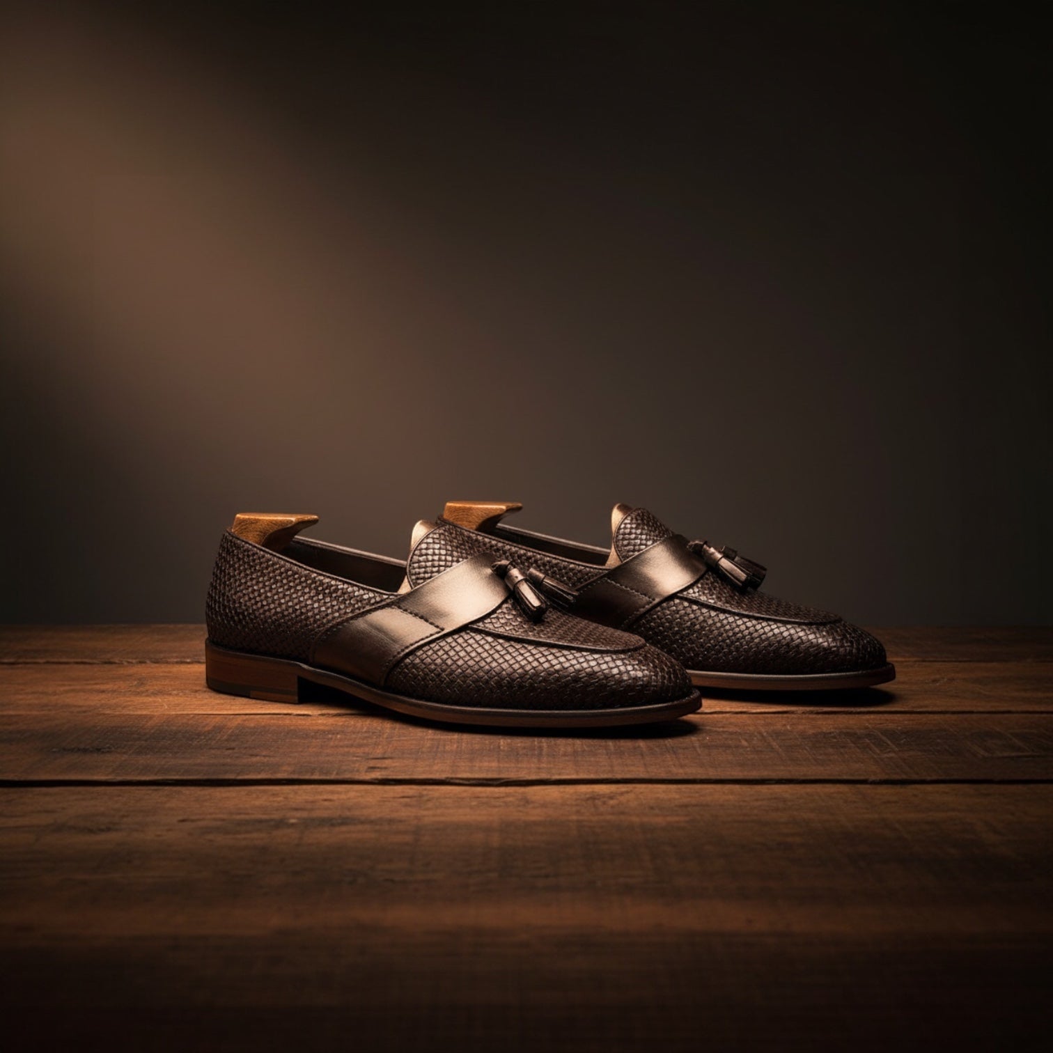 Barcon Getta Inc LIBREVILLE woven leather tassel loafers in dark bronze/gunmetal brown. Full basket-weave upper with smooth metallic saddle strap and tassels.
