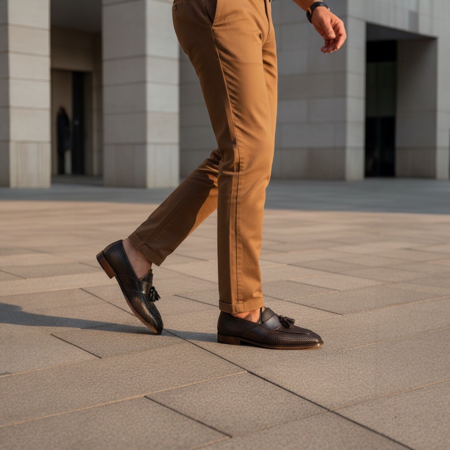 Barcon Getta Inc LIBREVILLE woven leather tassel loafers in dark bronze/gunmetal brown with smooth metallic saddle strap.
