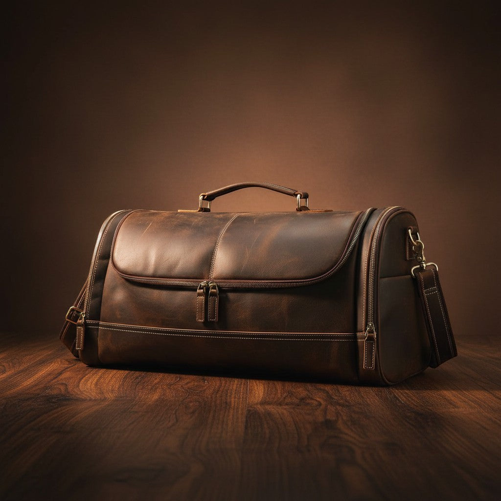 Barcon Getta Inc distressed leather duffel bag with dual zippers and top handles, perfect for travel.