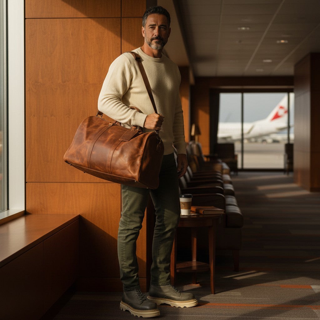 Barcon Getta Rassi Duffel Travel Bag –Light Coffee Brown – Full Grain Leather Travel Bag  - wearing Barcon Getta Barcon Getta Kilimanjaro boot - Olive green - at Airport
