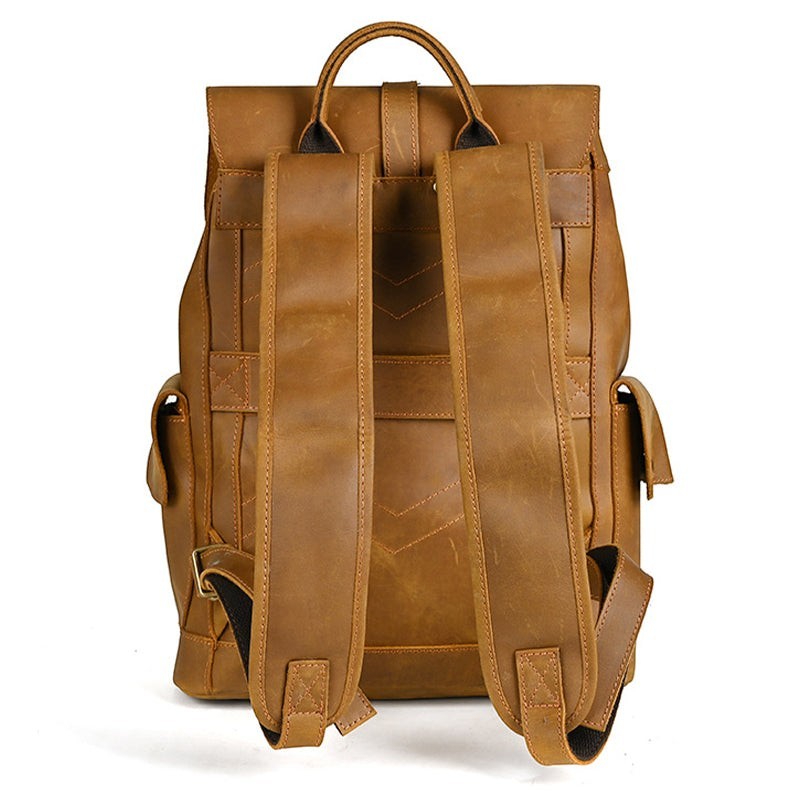 Barcon Getta Inc Sharp-Carry brown genuine leather backpack with adjustable straps and exterior pockets.