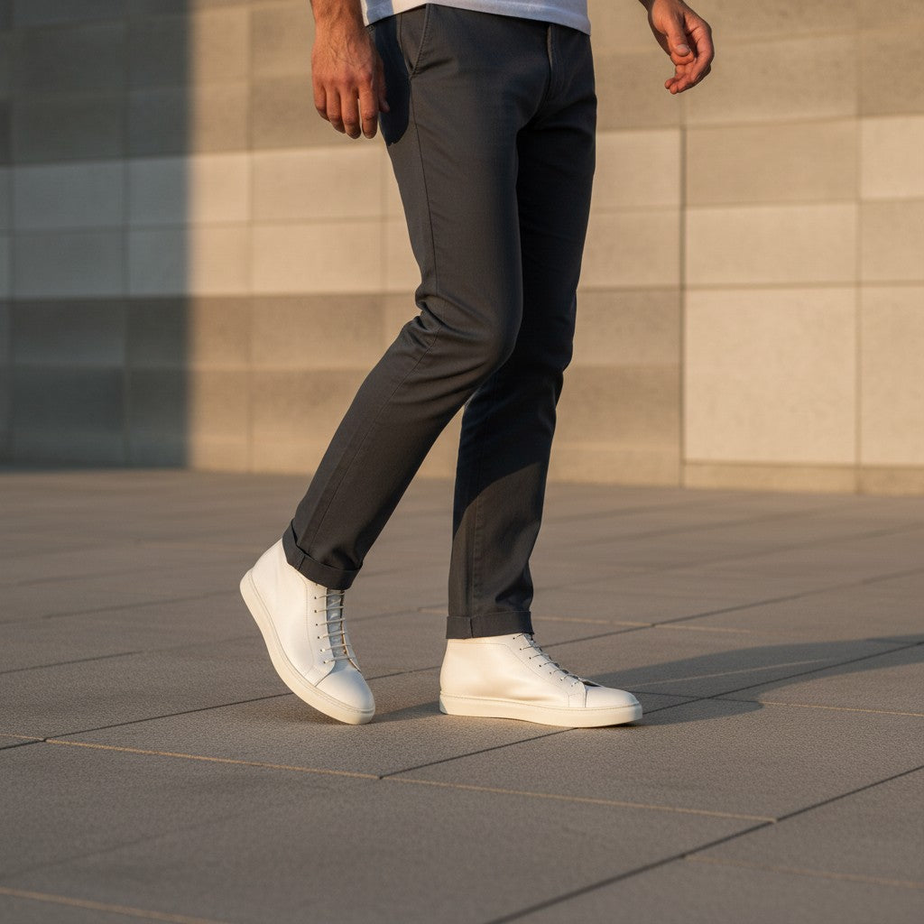 Barcon Getta Inc MEDA white leather high top sneakers with lace-up closure and rubber sole.