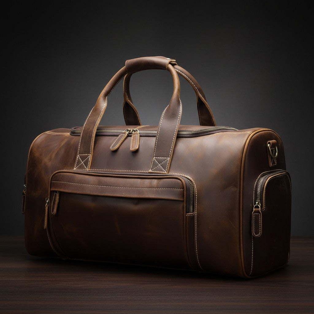 Barcon Getta Guzzo Z Weekender Duffel travel Bag –  Dark Coffee Brown – East African Full Grain Leather Studio Shot
