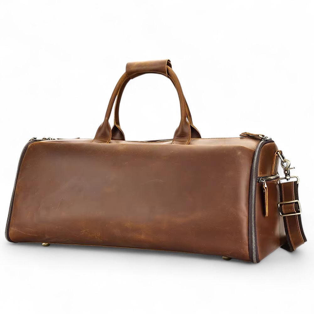 Brown leather duffel bag on a white background