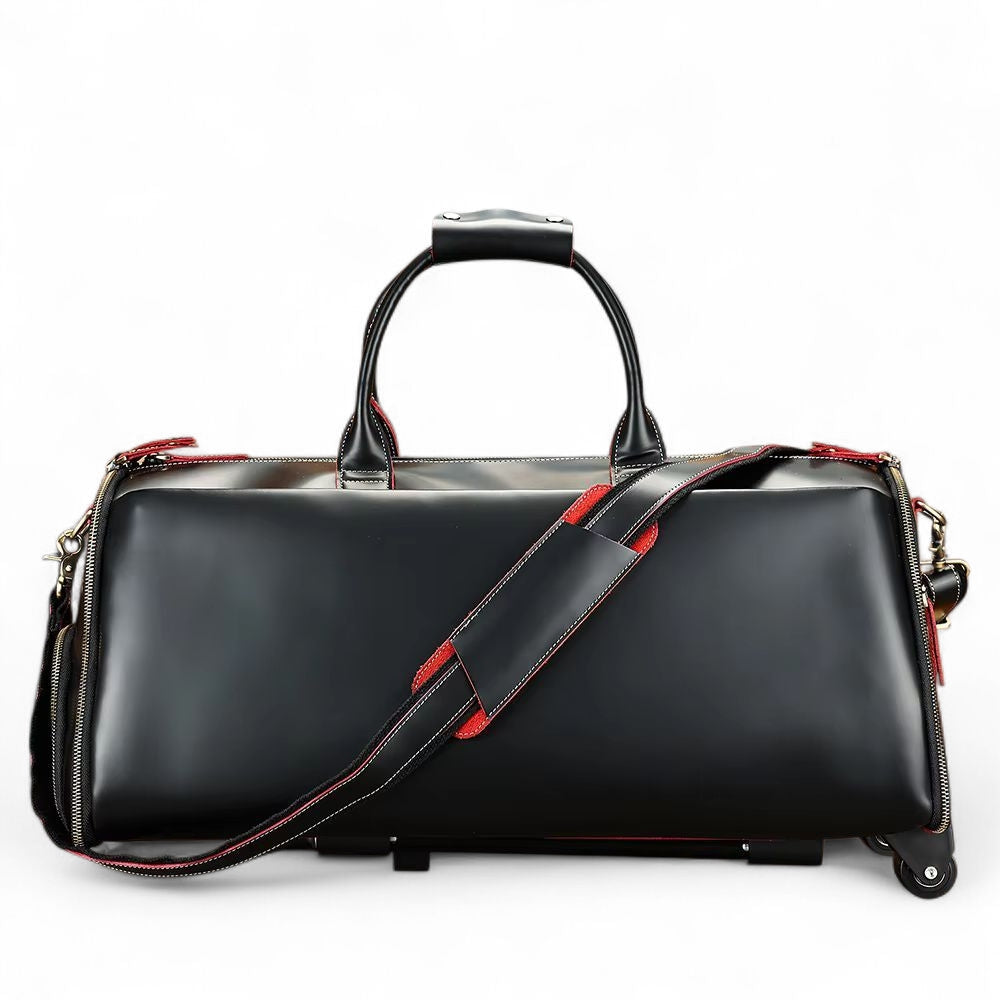 Black travel bag with red accents on a white background