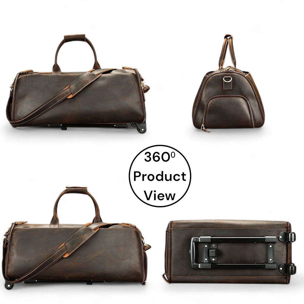 Brown leather duffel bag with shoulder strap and suitcase on a white background