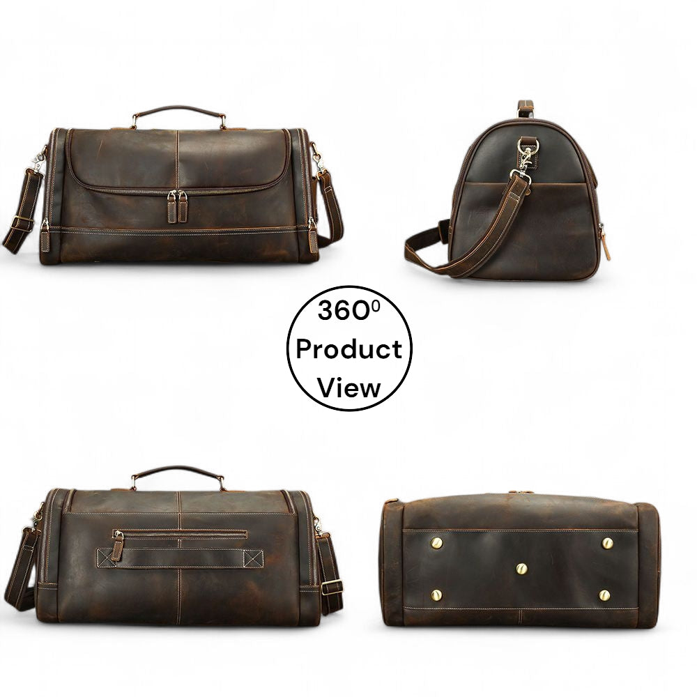 Set of four brown leather bags on a white background with '360° Product View' text.