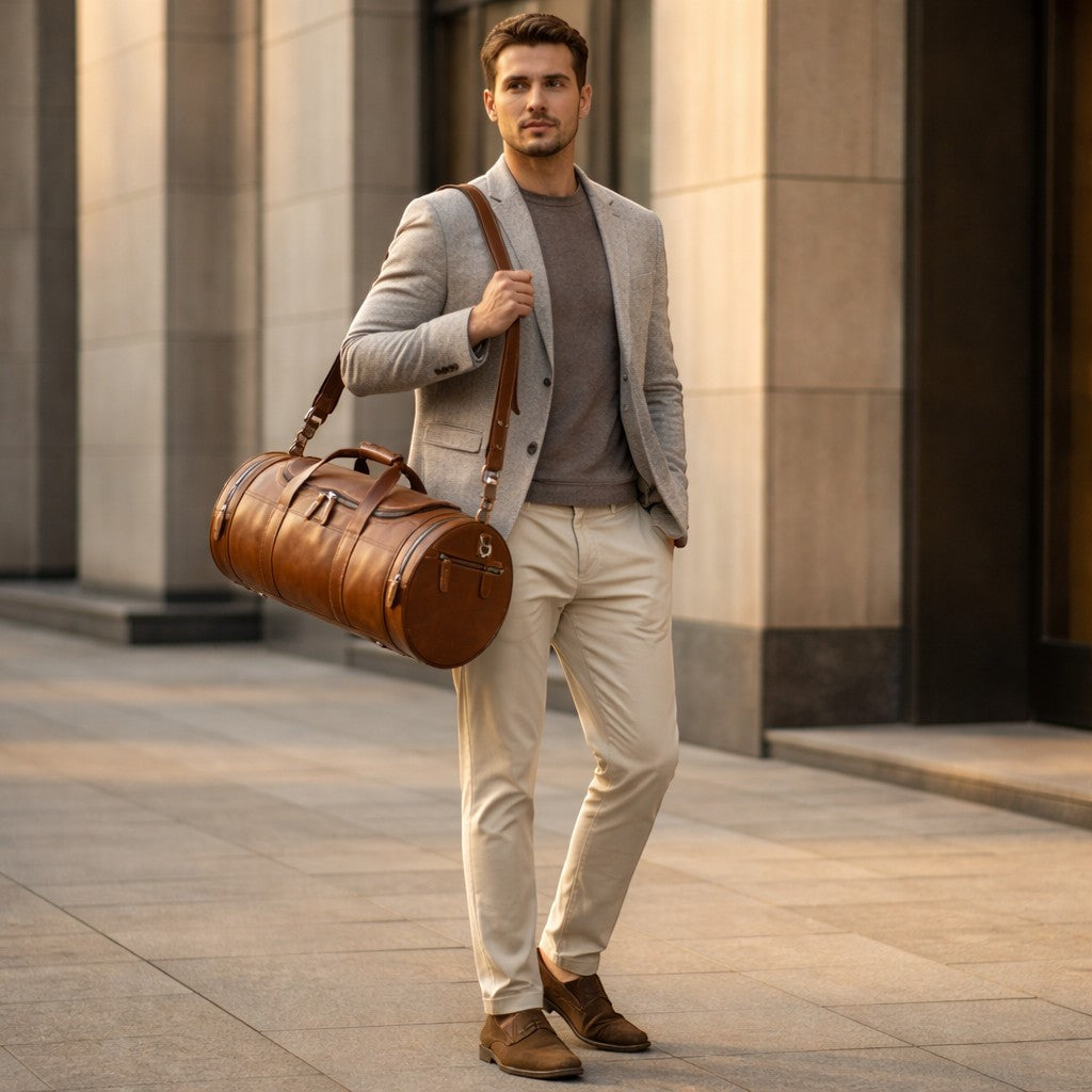 Barcon Getta Inc Navigator Duffel: distressed brown full-grain leather, cylindrical travel bag with zippered pockets and contrast stitching.