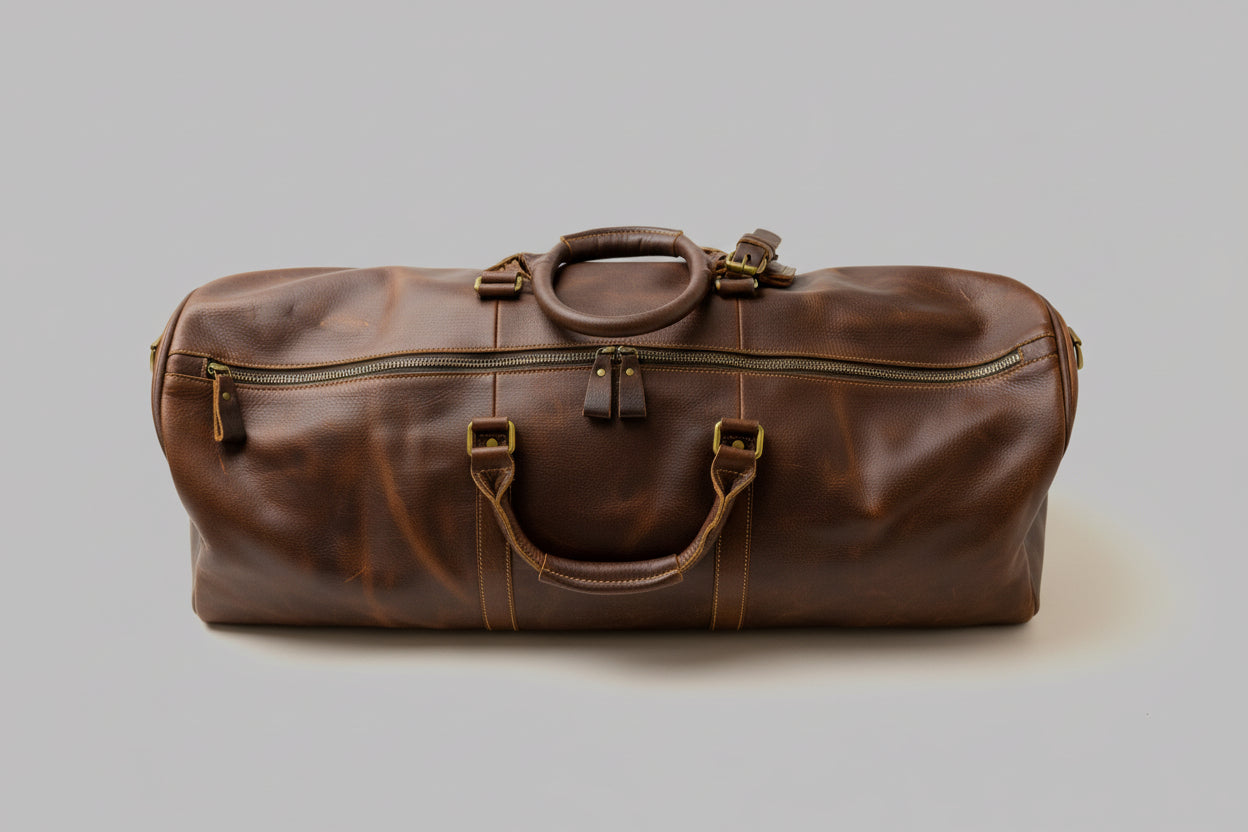 Brown leather duffel bag on a gray background